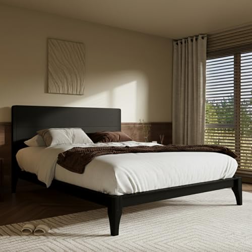 Image of Merax Queen Size Bamboo Platform Bed Frame with Tall Headboard, Black | Mid-Century Modern Solid Sustainable Bedframe Queen-Size, Wood Slat Support, No Box Spring Needed, Easy Assembly, Noise Free