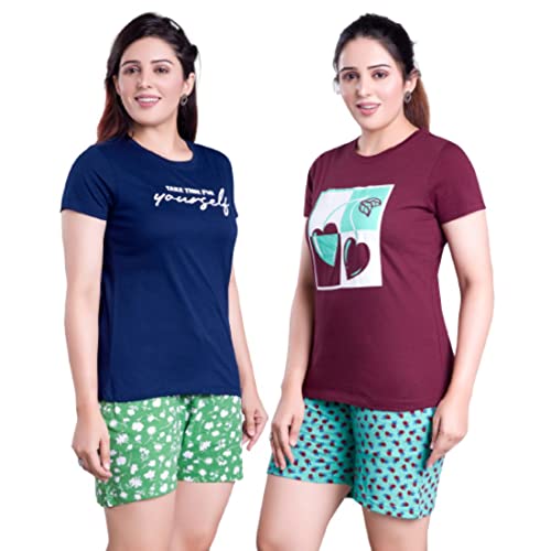 Image of Women's Cotton Printed Night Suit Top & Shorts Set (Navy & Maroon)
