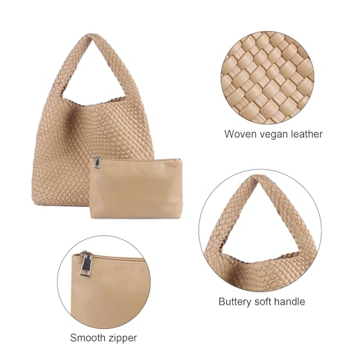 Image of Woven Tote Bag for Women with Purse, Vegan Leather Hobo Bags Large Handmade Underarm Shoulder Bag