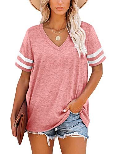 Aokosor Ladies Tops V Neck Summer Oversized T Shirts for Women Striped Sleeve Casual Loose Tee Coral Size 18-20