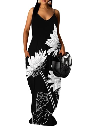 Image of Women's Summer Maxi Dress Spaghetti Strap Floral Boho Beach Long Sundress with Pockets