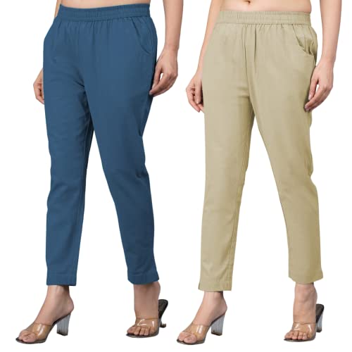 Image of Regular Fit Fully Elastic Waist Ankle Length Premium Cotton Casual Trouser Pant (Combo Pack of 2)