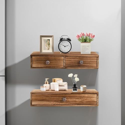 Image of Wood Floating Wall Mounted Drawers on a Floating Shelves with Drawers for Bedrooms, Living Rooms, and Displays Two Vintage Bedside Shelves (Pine) Wood (Brown)