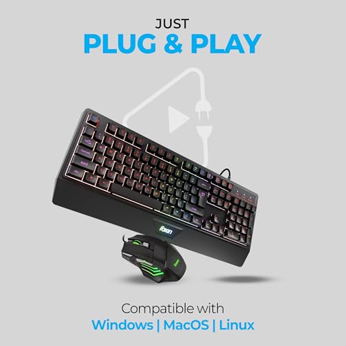 Image of FOXIN Endeavour Gaming Keyboard and Mouse Combo Wired | RGB Rainbow Backlit Keyboard with 104 Keys & Wrist Rest | 3600 DPI | 7 Button Mouse | Plug & Play for PC, Laptop, Desktop