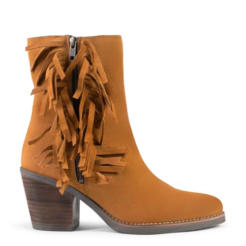 miMaO BOHO – Botines Estilo Cowboy con Flecos CAMEL, EU 40