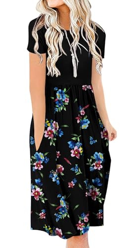 Image of DB MOON Women Summer Casual Short Sleeve Dresses Empire Waist Dress with Pockets