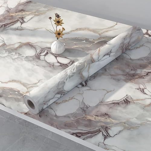 Image of VOLITO Self Adhesive Marble Wallpaper Kitchen Wallpaper Oil Proof & Waterproof Wallpaper for Cabinet Makeover, Almirah, Plastic & Tabletop, Wardrobe (60x200cm) (V-New White Brown)