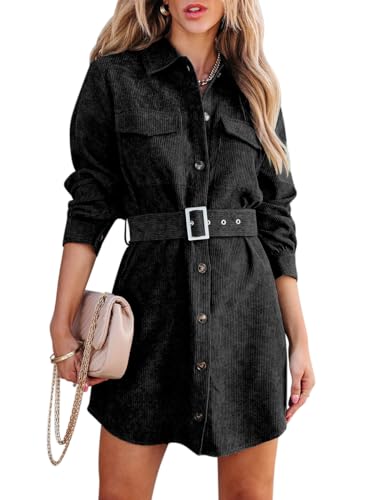 ORANDESIGNE Blusenkleid Damen Langarm Elegant Winter Cordkleid Mode Herbstkleid Schick Lässiges Longbluse Hemd Minikleid Offene Knöpfe Tunika Kleid...