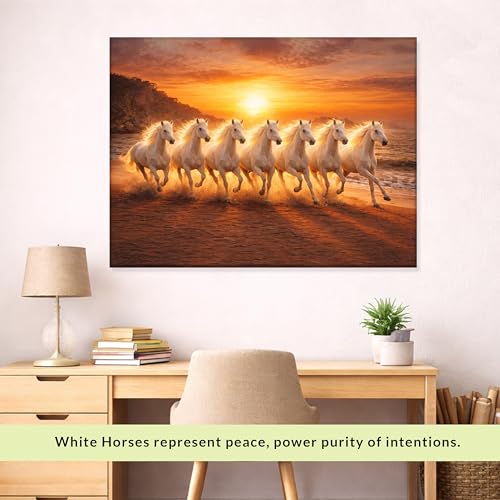 Image of Rousrie Big Size 7 Horses Vastu Frame Wall Art Painting, White Running Horses on Water, Rising Sun Wall Decor, Multicolor (45 cm x 60 cm)
