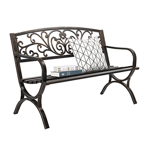 WZONICE98 50 Inches Outdoor Garden Bench Metal Frame Patio Park Bench with Butterfly Back Cross Feet Bronze Iron Bench Patio Seating for Backyard Patio Porch Garden
