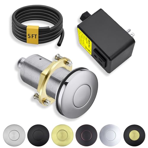 Image of BESTILL All Metal Garbage Disposal Air Switch Kit, UL Listed Polished Chrome Long Push Button for Waste Disposer, Cordless Sink Top Switch On /Off Button, Compatible with All Garbage Disposals