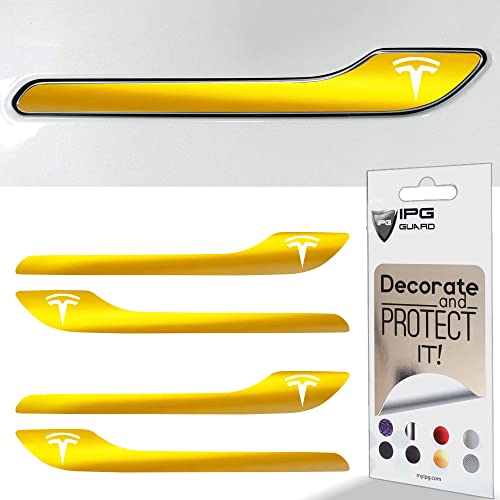 Image of IPG Compatible for Model 3 / Model Y /Juniper Door Handle Decal Sticker Wrap Kit (Set of 4) with Tesla Logo Personalize Your Tesla (Shiny Yellow)