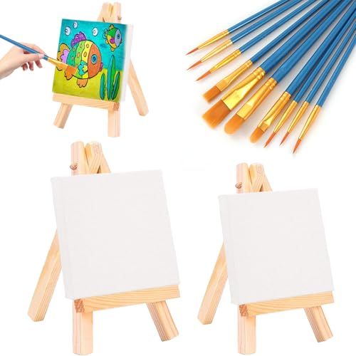 Juego de Soportes de Lienzo, 2 Unidades 15 x 20cm Lienzo con 18 x 24cm Caballete de Mesa Pequeño de Madera con 10 Pinceles Mini Pizarras de Lienzo para Pintar Mini Lienzo con Fácil