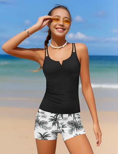 Girls Swimsuit V-Neck Cutout Tankini Tropical Print Swimwear with Shorts 2 Piece Bathing Suit for Girls 7-16Y3