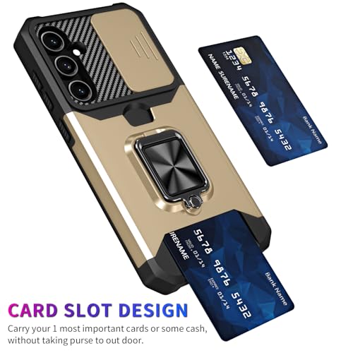 Image of LuxuryKase Shockproof Armor Case for Samsung Galaxy S26 Plus | Slide Camera Cover | Hidden Card Slot | Rotating Ring Kickstand | Magnetic Car Mount Support | Military Grade Protection - Gold