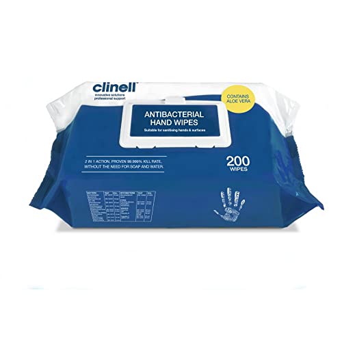 Clinell Antimicrobial Hand Wipes - Pack of 1 - 200 Wipes - Antibacterial, Suitable for Hands and Surfaces - Dermatologically Tested, Kills 99.99% of Germs