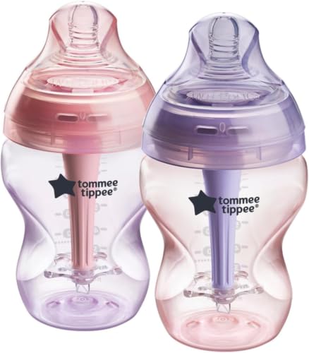 Image of Tommee Tippee Advanced Anti-Colic 9 oz BPA Free Baby Bottles,Newborn 0+ Months,Slow Flow Breast-Like Nipple,Unique Design Keeps Air Away from Milk and Baby,Pink and Purple,(Pack of 24)