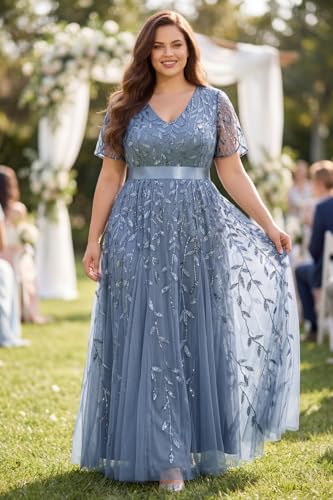 Image of Pinup Fashion Plus Size Formal Dresses - Evening Gowns Wedding Sequin Embroidery V-Neck Prom Long Dress