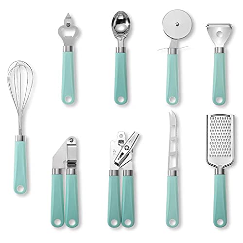 Kitchen Utensils 9-Pc Stainless Steel Kitchen Gadget Set with Light Plastic Light Green Handle for Cooking and Baking