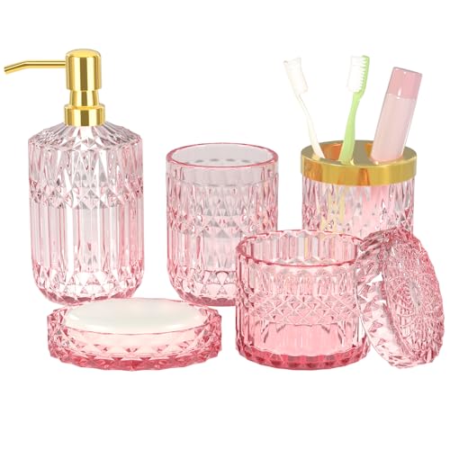 Pink Bathroom Accessories Set, 5Pcs Clear Glass Pink Bathroom Decor...