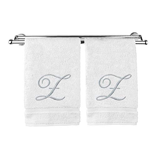 Monogrammed Hand Towel, Personalized Gift, 16 x 30 Inches - Set of 2 - Silver Embroidered Towel - Extra Absorbent 100% Turkish Cotton- Soft Terry Finish - For Bathroom, Kitchen and Spa- Script Z White