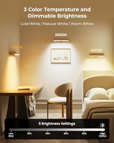 Image of Rechargeable Indoor Wall Sconce Wood, LED Wall Light for Bedroom,Touch and Remote Control,360 Rotate Walnut Wood Wall Light,3 Colors Dimmable Brightness Wall Lamp with 15 RGB Colors,1 Pack