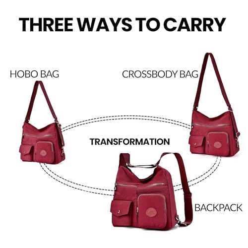 Image of Hobo Purse for Women, Nylon Crossbody Shoulder Handbag Convertible Backpack | Waterproof fabric, built-in anti-theft RFID pocket, multipurpose daily casual handbag