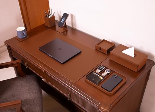 Image of V-CUBE Designs Premium Vegan Leather Executive Set of 6| Multipurpose Personal Desk Organizer| Desk Mat | Valet Tray| Tissue Holder | Pen Holder| Coaster | Mobile Stand for Office Table & Home - Tan