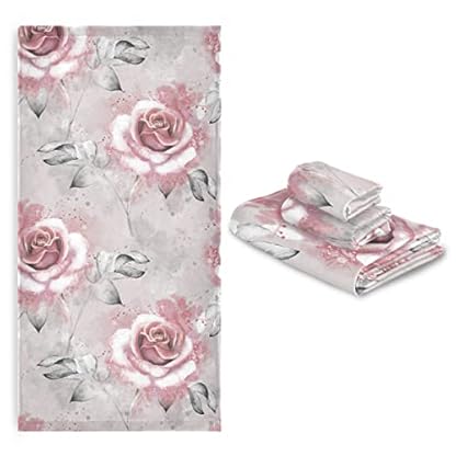 ALAZA Badetücher 3er Set, Mikrofaser Handtuch Badezimmer Leinen Rosa Rose Blumen und Blätter auf Grau Splash Paint Handtücher Set Geschenk mit 1 Gesichtshandtuch 1 Handtuch 1 Badetuch Laken, – Bild 8