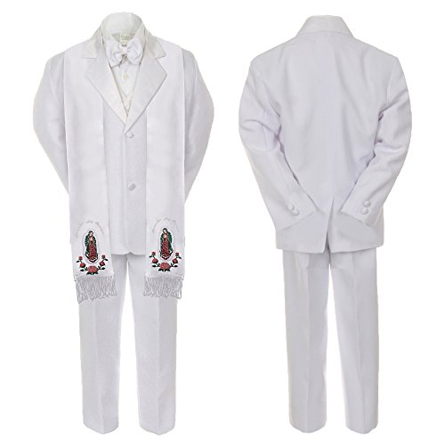 Image of New Born Baby Boy Baptism White Notch Lapel Suit Silver Guadalupe On Stole SM-20