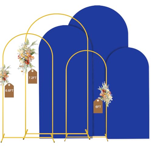 MODFUNS Metal Arch Backdrop Stand and Cover Set 6&6.6&7.2ft Gold Wedding Arched Frame Royal Blue Arches Cover Backdrop Arch Stand for Party Birthday Banquet Reception Decoration