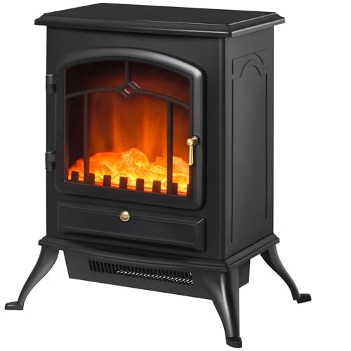 HOMCOM Camino Elettrico da Terra con Effetto Fiamma, Caminetto Elettrico 1000W /2000W con Protezione da Surriscaldamento e Termostato, in ABS e Vetro, 45x28x54cm, Nero