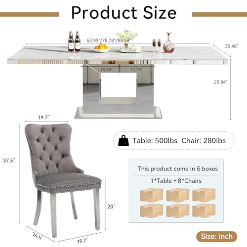 Image of 9-Piece Extendable Dining Table Set for 8, Modern 63 inch-94 inch White Faux Marble Expandable Kitchen Table Set with 8 Velvet Chairs, Large Extendable Dining Room Tables with Mirrored U-Shape Base