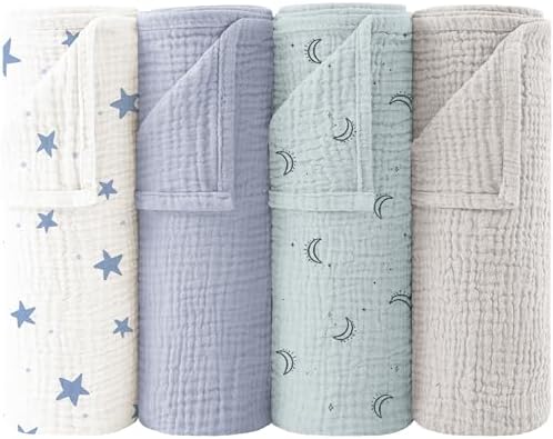 Bearmoss Moltontücher Baby 100% Baumwolle Weiche Spucktücher Baby,Atmungsaktiv und Extrem Saugfähig Musselin Tuch für Saugstark Mulltücher 4er 60x60cm (Blaue Blüten)