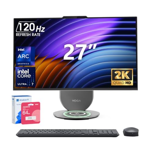 Image of Lenovo Yoga All in one Desktop Computer AI PC, Ultra 7 255H, Intel Arc 140T | 27 inch 2K QHD IPS Display, 16GB LPDDR5X RAM, 1TB SSD, Copilot+, WiFi 7, Wireless keyboard & Mouse, Win11 Home,w /64GB USB,Grey