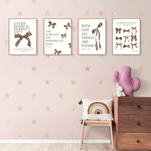 Image of LARTSFRO Coquette Leopard Bow Wall Art Decor Posters, Y2K Cheetah Leopard Bow Room Bedroom Bathroom Dorm Wall Art Decor Aesthetic for College Teen Girls Gifts, Inspirational Bible Verses Bow Wall Decor, 12x16Inch Set of 4 Pcs Cheetah Bow Pictures (UNFRAMED)