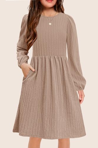 YOVION Girls Knit Dress Crew Neck Long Sleeve Plain A-Line Fall Casual Dresses with Pockets for 6-12 Y3