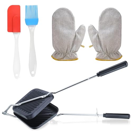 Image of Non-Stick Grill Sandwich Toaster Combo with Stainless Steel Wire Dishwashing Scrubber Gloves (2 Pcs) & Silicone Spatula and Brush Set | Double-Coated Nonstick Sandwich Griller & Toaster
