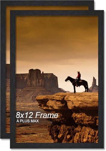 A PLUS MAX 8x12 Picture Frame Set of 2, Black Engineered Wood Frame for 8 x 12 Inch Picture Poster Photo, Light Weight 8 by 12 Frame with Wood-grain for Wall - 2 Pack/Black/8