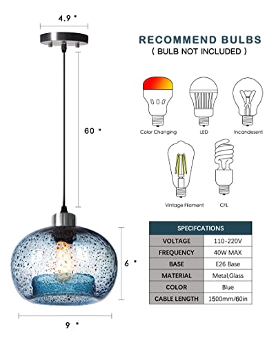 Casamotion Pendant Lights Kitchen Island Hand Blown Glass Lighting Marble Blue Modern Farmhouse Foyer Entryway Light Fixtures Ceiling Hanging Globe Over Table Sink Brushed Nickel 9 Inch Diam #TOP5