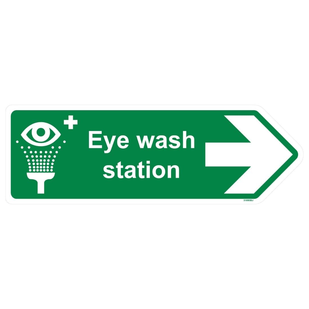 V Safety Eye Wash Station Arrow Right - Shaped Sign 450 x 150 mm - Self Adhesive Vinyl - Aluminium Effect Safety Sign