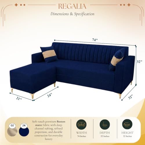 Image of FURNY Signature Regalia 4-Seater L-Shape Sofa Set with Movable Ottoman | Flexible LHS /RHS Layout | Boston Fabric | 40D Foam + Zigzag Spring | 3-Yr Warranty (Midnight Blue & Warm Beige)