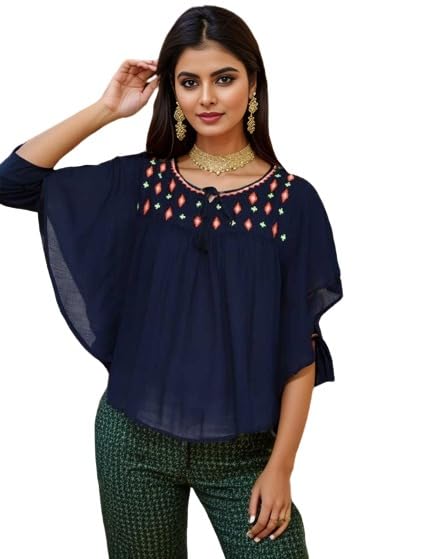 Women's Embroidered Designer Rayon Poncho, Navy Blue-image-15