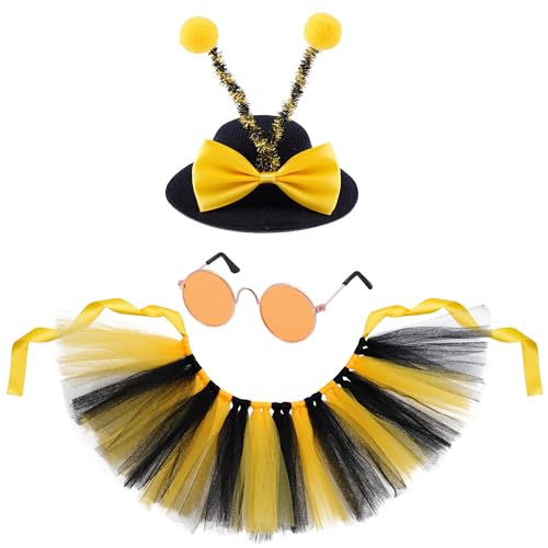 Haakong 3 Pcs Bee Costume Set for Pet Bee Antenna Hat Sunglasses Puppy Tutu Skirt for Dog and Cat Party Dress Accessories Supplies