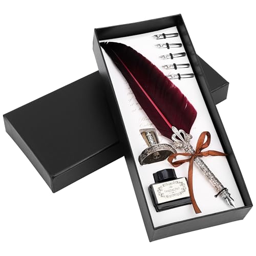 BELLE VOUS Set de 8 Stylos de Calligraphie avec Etui - Encrier et 5 Plumes - Kit Stylo Plume Encre Noire - Coffret Idéal pour Débutants en Ecriture Caligraphique -...