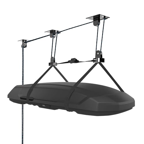 Hikeen Ceiling Hoist for Cargo Box, Heavy Duty Garage Storage Lift Pulley System Holds Up to 150 lbs Capacity, Fits 10-14 Foot Tall Garage Ceilings