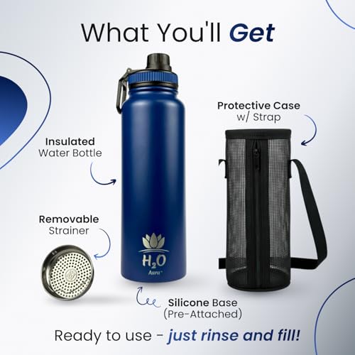 Image of Premium 1 Liter Water Bottle (33.8 oz) with Carrying Case & Strap - Double Wall Vacuum Insulated Stainless Steel Water Bottle - Leakproof Lid, Wide Mouth, BPA-Free, Removable Strainer - Blue