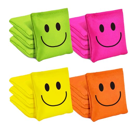 JarThenaAMCS 12Pcs Neon Happy Face Bean Bags Green Pink Yellow Orange Cornhole Game Bags for Party Gathering Game Supplies