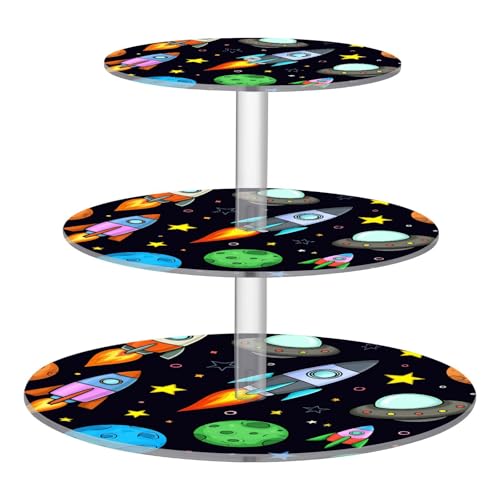 Nander 3 Tier Cupcake Stand,Cartoon Planet and Rocket Large Cupcake Tower Display, Round Cupcake Holder, Acrylic Dessert Stand, Pastry Display Tree for Party, Wedding, Baby Shower
