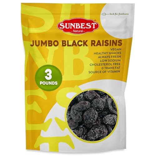 Sunbest Natural Jumbo Black Raisins, 3 lbs – Naturally Sweet Dried Fruit – California Dried Grapes for Trail Mix, Salads &amp; Snacking – Non-GMO, Vegan &amp; Kosher (48 oz)